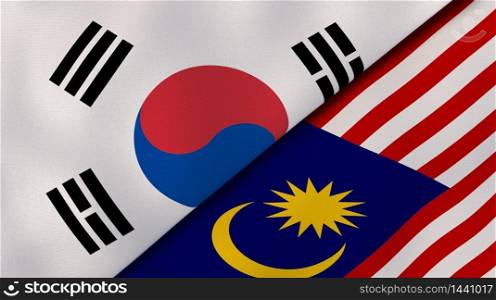Two states flags of South Korea and Malaysia. High quality business background. 3d illustration. The flags of South Korea and Malaysia. News, reportage, business background. 3d illustration