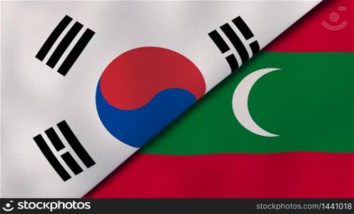 Two states flags of South Korea and Maldives. High quality business background. 3d illustration. The flags of South Korea and Maldives. News, reportage, business background. 3d illustration