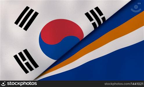 Two states flags of South Korea and Marshall Islands. High quality business background. 3d illustration. The flags of South Korea and Marshall Islands. News, reportage, business background. 3d illustration