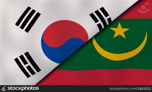 Two states flags of South Korea and Mauritania. High quality business background. 3d illustration. The flags of South Korea and Mauritania. News, reportage, business background. 3d illustration