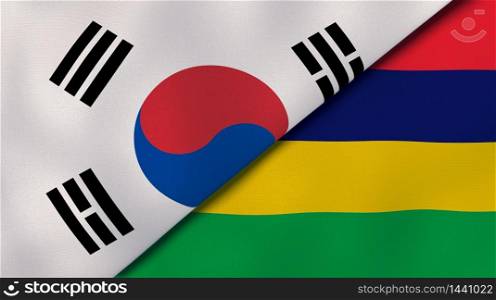 Two states flags of South Korea and Mauritius. High quality business background. 3d illustration. The flags of South Korea and Mauritius. News, reportage, business background. 3d illustration