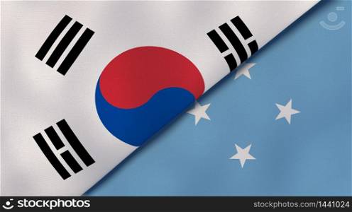 Two states flags of South Korea and Micronesia. High quality business background. 3d illustration. The flags of South Korea and Micronesia. News, reportage, business background. 3d illustration