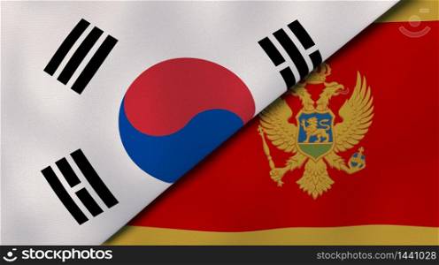 Two states flags of South Korea and Montenegro. High quality business background. 3d illustration. The flags of South Korea and Montenegro. News, reportage, business background. 3d illustration