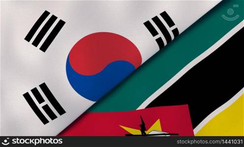 Two states flags of South Korea and Mozambique. High quality business background. 3d illustration. The flags of South Korea and Mozambique. News, reportage, business background. 3d illustration