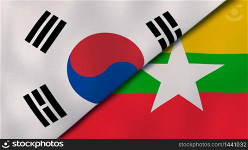 Two states flags of South Korea and Myanmar. High quality business background. 3d illustration. The flags of South Korea and Myanmar. News, reportage, business background. 3d illustration