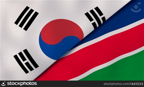 Two states flags of South Korea and Namibia. High quality business background. 3d illustration. The flags of South Korea and Namibia. News, reportage, business background. 3d illustration