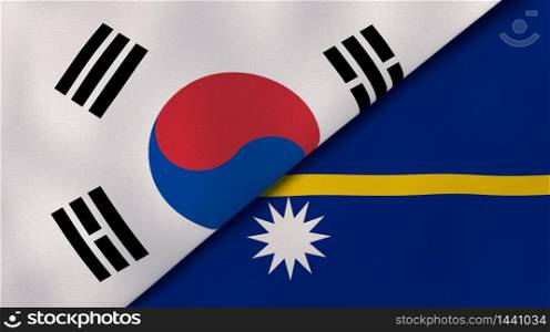 Two states flags of South Korea and Nauru. High quality business background. 3d illustration. The flags of South Korea and Nauru. News, reportage, business background. 3d illustration