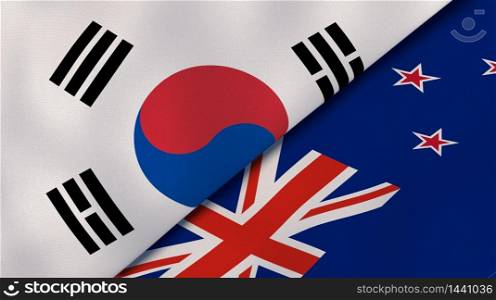 Two states flags of South Korea and New Zealand. High quality business background. 3d illustration. The flags of South Korea and New Zealand. News, reportage, business background. 3d illustration
