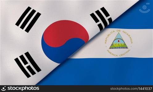 Two states flags of South Korea and Nicaragua. High quality business background. 3d illustration. The flags of South Korea and Nicaragua. News, reportage, business background. 3d illustration