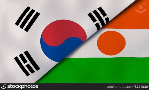 Two states flags of South Korea and Niger. High quality business background. 3d illustration. The flags of South Korea and Niger. News, reportage, business background. 3d illustration