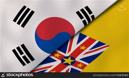 Two states flags of South Korea and Niue. High quality business background. 3d illustration. The flags of South Korea and Niue. News, reportage, business background. 3d illustration