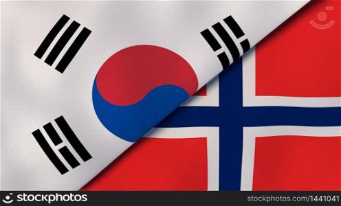 Two states flags of South Korea and Norway. High quality business background. 3d illustration. The flags of South Korea and Norway. News, reportage, business background. 3d illustration