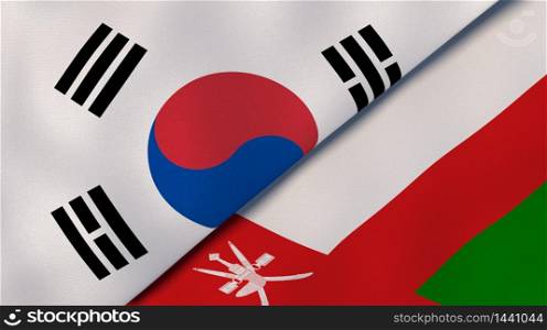 Two states flags of South Korea and Oman. High quality business background. 3d illustration. The flags of South Korea and Oman. News, reportage, business background. 3d illustration
