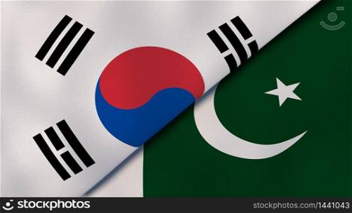 Two states flags of South Korea and Pakistan. High quality business background. 3d illustration. The flags of South Korea and Pakistan. News, reportage, business background. 3d illustration