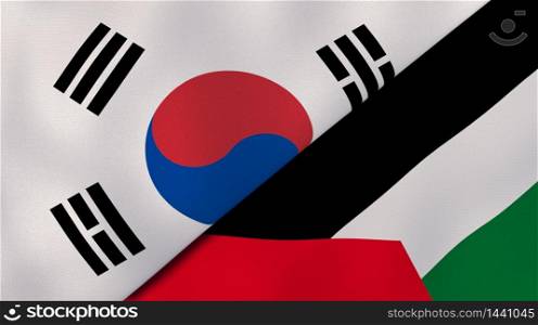 Two states flags of South Korea and Palestine. High quality business background. 3d illustration. The flags of South Korea and Palestine. News, reportage, business background. 3d illustration