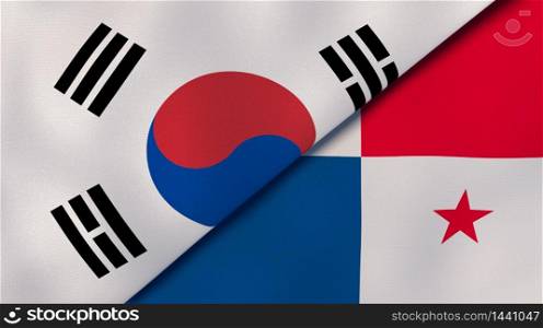 Two states flags of South Korea and Panama. High quality business background. 3d illustration. The flags of South Korea and Panama. News, reportage, business background. 3d illustration