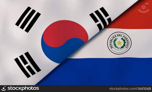 Two states flags of South Korea and Paraguay. High quality business background. 3d illustration. The flags of South Korea and Paraguay. News, reportage, business background. 3d illustration