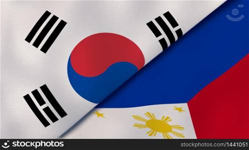 Two states flags of South Korea and Philippines. High quality business background. 3d illustration. The flags of South Korea and Philippines. News, reportage, business background. 3d illustration