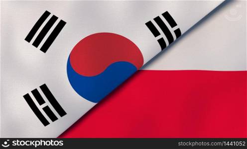 Two states flags of South Korea and Poland. High quality business background. 3d illustration. The flags of South Korea and Poland. News, reportage, business background. 3d illustration