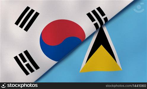 Two states flags of South Korea and Saint Lucia. High quality business background. 3d illustration. The flags of South Korea and Saint Lucia. News, reportage, business background. 3d illustration