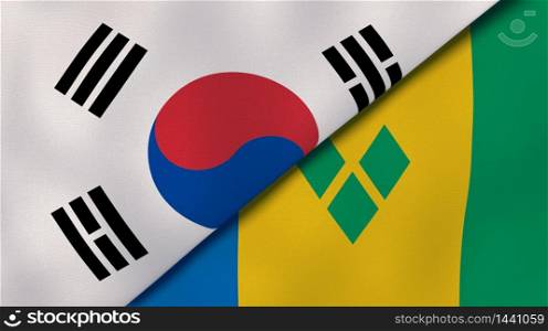 Two states flags of South Korea and Saint Vincent and Grenadines. High quality business background. 3d illustration. The flags of South Korea and Saint Vincent and Grenadines. News, reportage, business background. 3d illustration