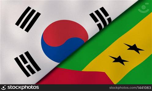 Two states flags of South Korea and Sao Tome and Principe. High quality business background. 3d illustration. The flags of South Korea and Sao Tome and Principe. News, reportage, business background. 3d illustration