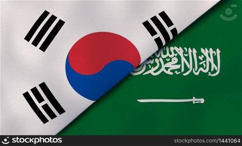 Two states flags of South Korea and Saudi Arabia. High quality business background. 3d illustration. The flags of South Korea and Saudi Arabia. News, reportage, business background. 3d illustration