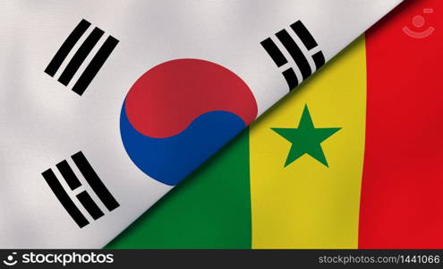 Two states flags of South Korea and Senegal. High quality business background. 3d illustration. The flags of South Korea and Senegal. News, reportage, business background. 3d illustration