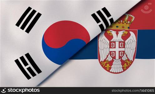 Two states flags of South Korea and Serbia. High quality business background. 3d illustration. The flags of South Korea and Serbia. News, reportage, business background. 3d illustration