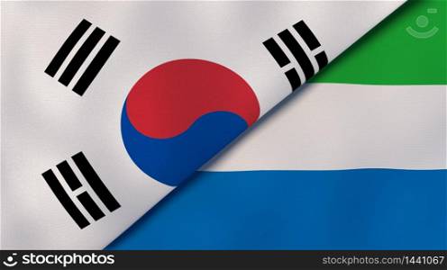 Two states flags of South Korea and Sierra Leone. High quality business background. 3d illustration. The flags of South Korea and Sierra Leone. News, reportage, business background. 3d illustration