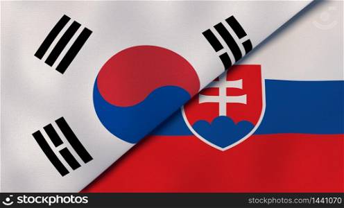 Two states flags of South Korea and Slovakia. High quality business background. 3d illustration. The flags of South Korea and Slovakia. News, reportage, business background. 3d illustration