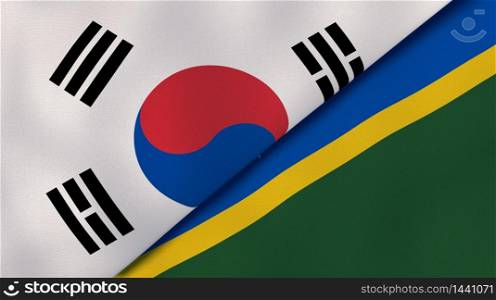 Two states flags of South Korea and Solomon Islands. High quality business background. 3d illustration. The flags of South Korea and Solomon Islands. News, reportage, business background. 3d illustration