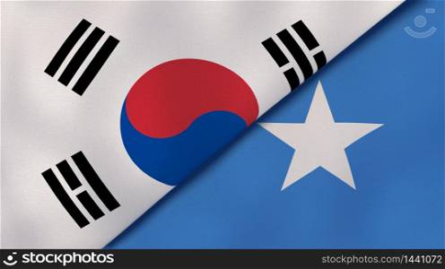 Two states flags of South Korea and Somalia. High quality business background. 3d illustration. The flags of South Korea and Somalia. News, reportage, business background. 3d illustration