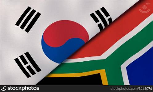 Two states flags of South Korea and South Africa. High quality business background. 3d illustration. The flags of South Korea and South Africa. News, reportage, business background. 3d illustration