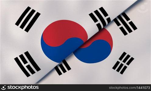 Two states flags of South Korea and South Korea. High quality business background. 3d illustration. The flags of South Korea and South Korea. News, reportage, business background. 3d illustration