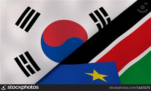 Two states flags of South Korea and South Sudan. High quality business background. 3d illustration. The flags of South Korea and South Sudan. News, reportage, business background. 3d illustration