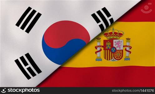 Two states flags of South Korea and Spain. High quality business background. 3d illustration. The flags of South Korea and Spain. News, reportage, business background. 3d illustration