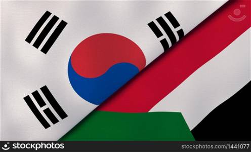 Two states flags of South Korea and Sudan. High quality business background. 3d illustration. The flags of South Korea and Sudan. News, reportage, business background. 3d illustration