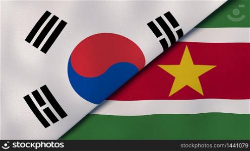 Two states flags of South Korea and Suriname. High quality business background. 3d illustration. The flags of South Korea and Suriname. News, reportage, business background. 3d illustration