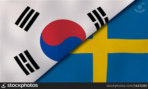 Two states flags of South Korea and Sweden. High quality business background. 3d illustration. The flags of South Korea and Sweden. News, reportage, business background. 3d illustration