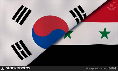 Two states flags of South Korea and Syria. High quality business background. 3d illustration. The flags of South Korea and Syria. News, reportage, business background. 3d illustration