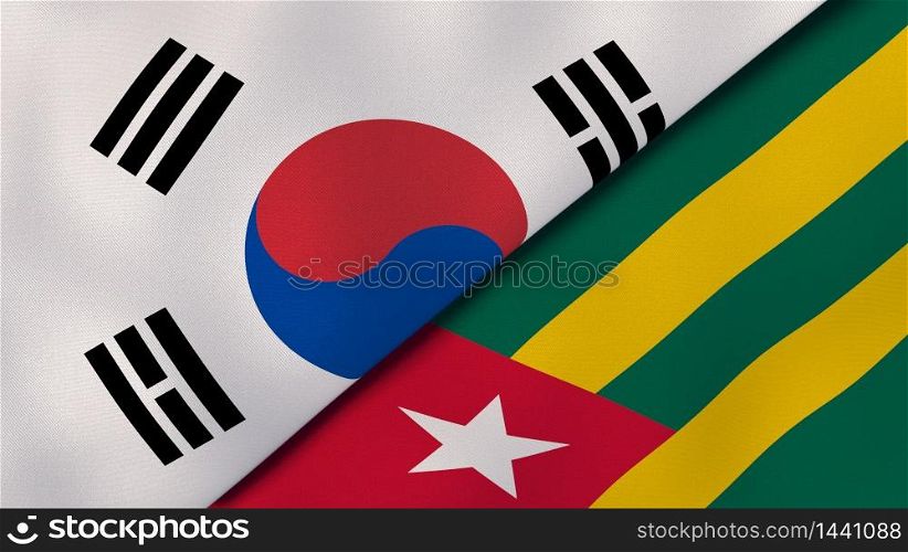 Two states flags of South Korea and Togo. High quality business background. 3d illustration. The flags of South Korea and Togo. News, reportage, business background. 3d illustration