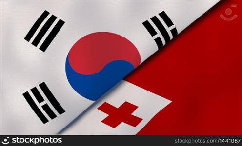 Two states flags of South Korea and Tonga. High quality business background. 3d illustration. The flags of South Korea and Tonga. News, reportage, business background. 3d illustration