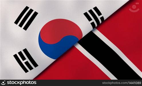 Two states flags of South Korea and Trinidad and Tobago. High quality business background. 3d illustration. The flags of South Korea and Trinidad and Tobago. News, reportage, business background. 3d illustration