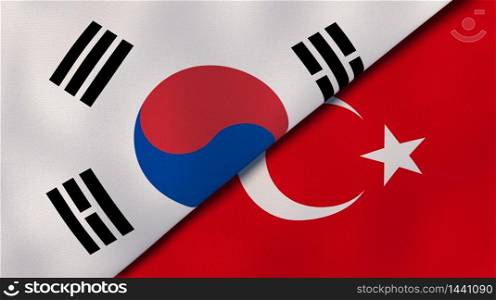 Two states flags of South Korea and Turkey. High quality business background. 3d illustration. The flags of South Korea and Turkey. News, reportage, business background. 3d illustration