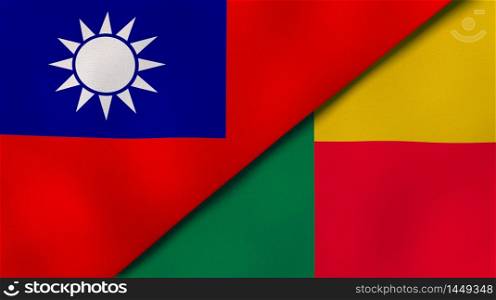 Two states flags of Taiwan and Benin. High quality business background. 3d illustration. The flags of Taiwan and Benin. News, reportage, business background. 3d illustration