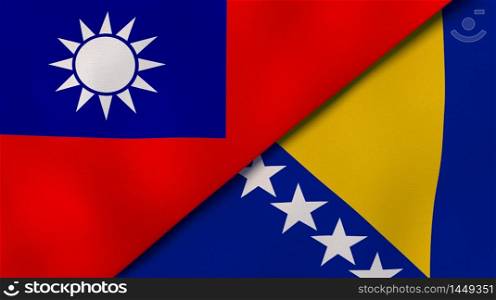 Two states flags of Taiwan and Bosnia and Herzegovina. High quality business background. 3d illustration. The flags of Taiwan and Bosnia and Herzegovina. News, reportage, business background. 3d illustration