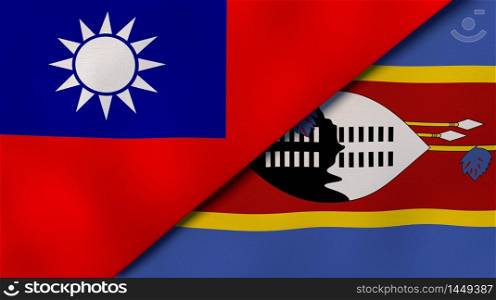 Two states flags of Taiwan and Eswatini. High quality business background. 3d illustration. The flags of Taiwan and Eswatini. News, reportage, business background. 3d illustration