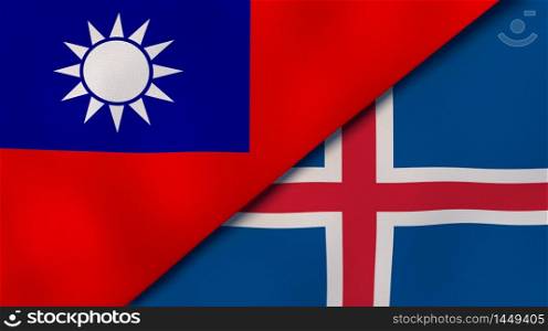 Two states flags of Taiwan and Iceland. High quality business background. 3d illustration. The flags of Taiwan and Iceland. News, reportage, business background. 3d illustration