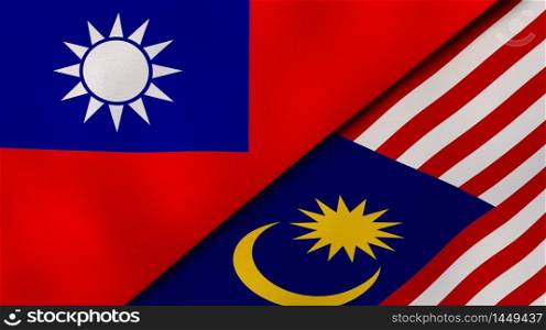 Two states flags of Taiwan and Malaysia. High quality business background. 3d illustration. The flags of Taiwan and Malaysia. News, reportage, business background. 3d illustration